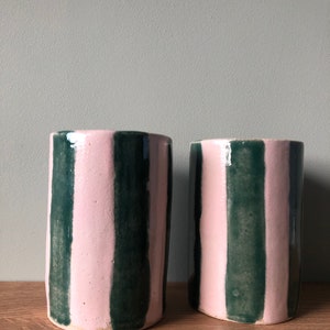 Striped Ceramic Tumbler Made to Order Ceramic Cups Pink & Green Emerald Green Pink Handmade Cup Unique Gift image 5