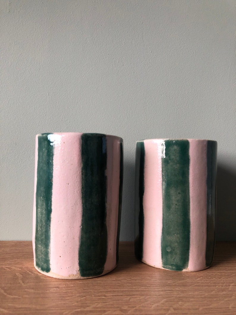 Striped Ceramic Tumbler Made to Order Ceramic Cups Pink & Green Emerald Green Pink Handmade Cup Unique Gift image 5