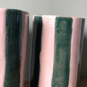 Striped Ceramic Tumbler Made to Order Ceramic Cups Pink & Green Emerald Green Pink Handmade Cup Unique Gift image 7