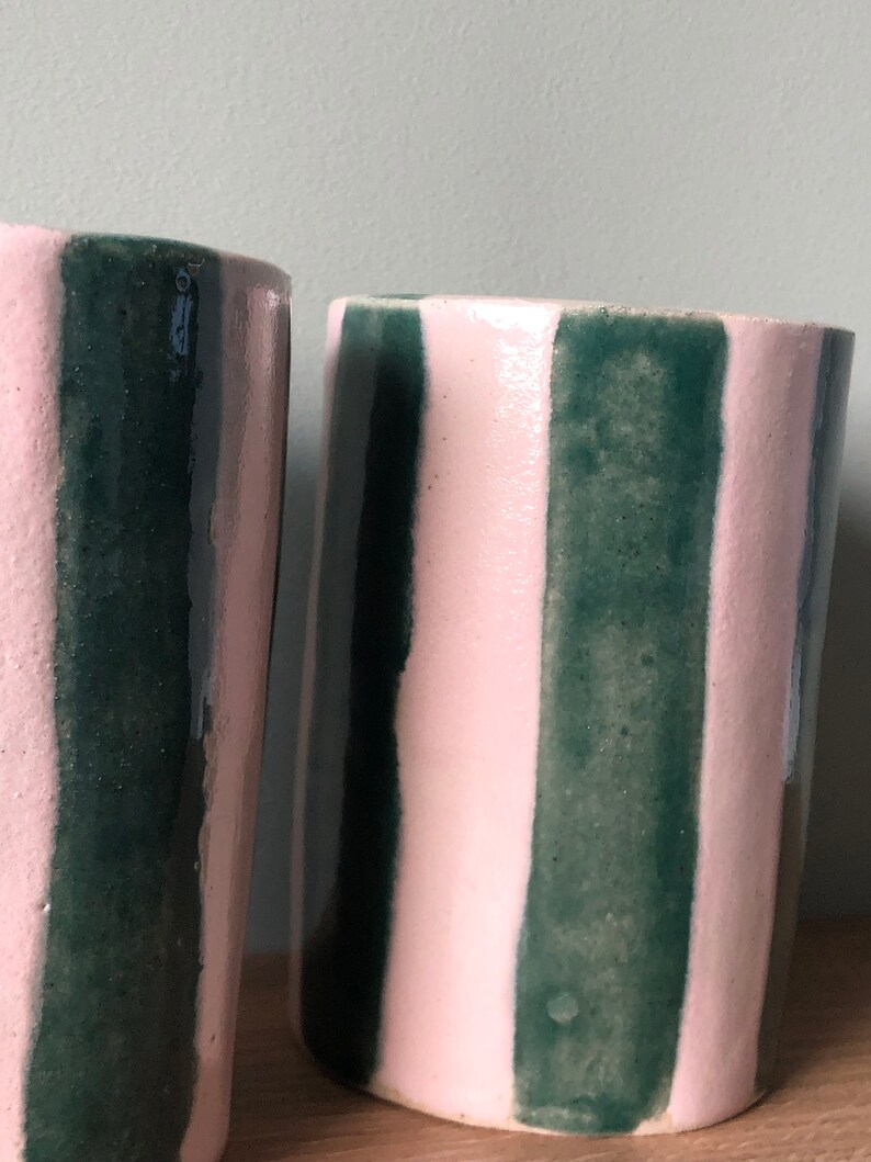 Striped Ceramic Tumbler Made to Order Ceramic Cups Pink & Green Emerald Green Pink Handmade Cup Unique Gift image 7