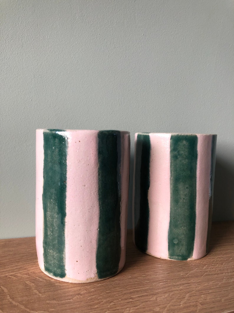 Striped Ceramic Tumbler Made to Order Ceramic Cups Pink & Green Emerald Green Pink Handmade Cup Unique Gift image 8