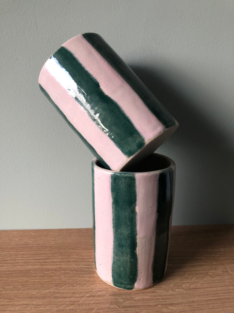 Striped Ceramic Tumbler Made to Order Ceramic Cups Pink & Green Emerald Green Pink Handmade Cup Unique Gift image 10