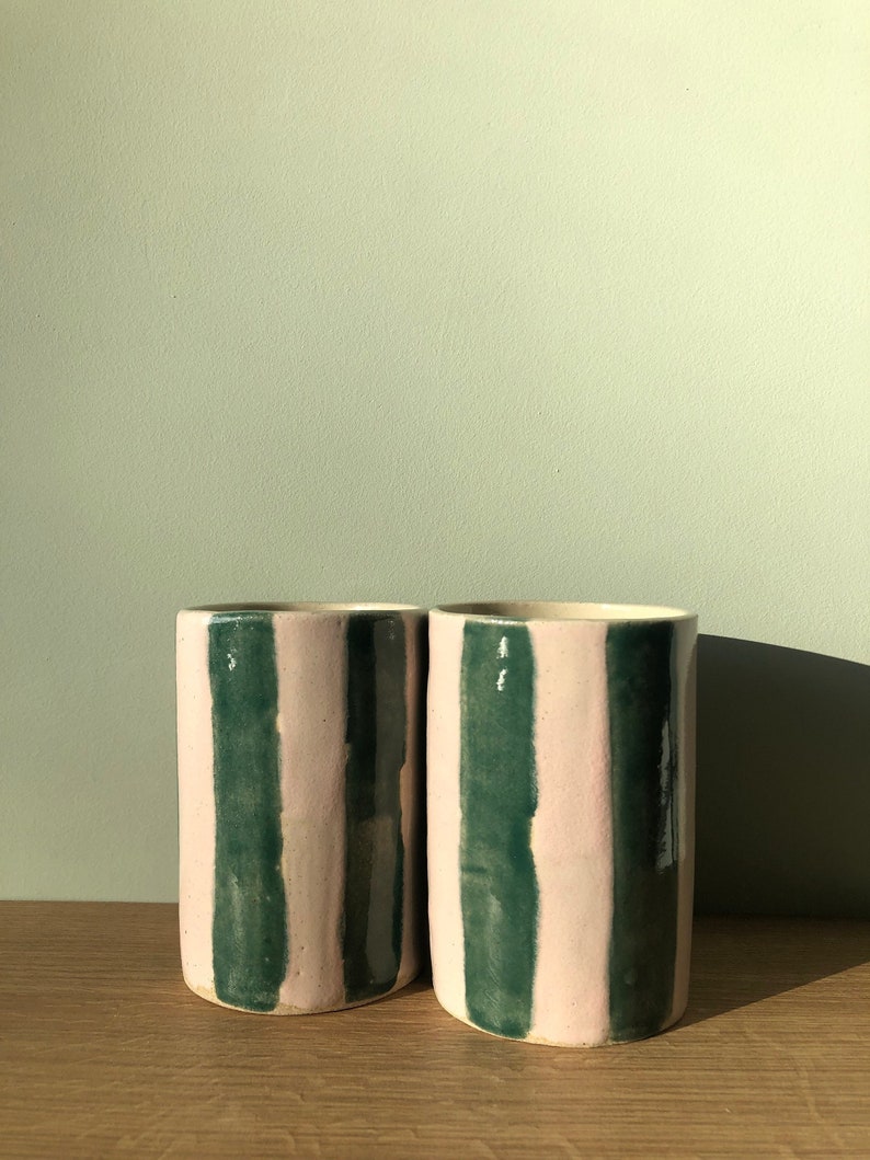 Striped Ceramic Tumbler Made to Order Ceramic Cups Pink & Green Emerald Green Pink Handmade Cup Unique Gift image 1