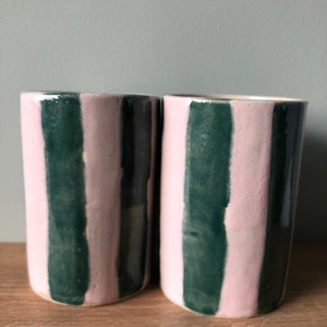 Striped Ceramic Tumbler Made to Order Ceramic Cups Pink & Green Emerald Green Pink Handmade Cup Unique Gift image 3