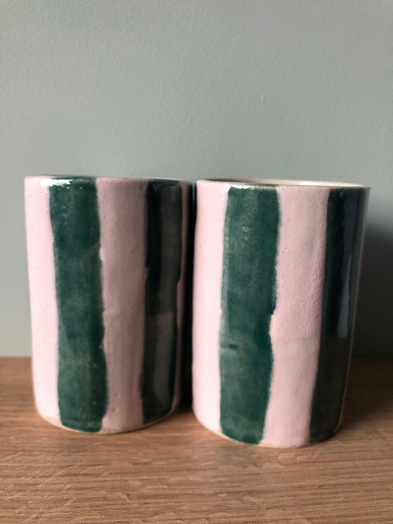 Striped Ceramic Tumbler Made to Order Ceramic Cups Pink & Green Emerald Green Pink Handmade Cup Unique Gift image 3