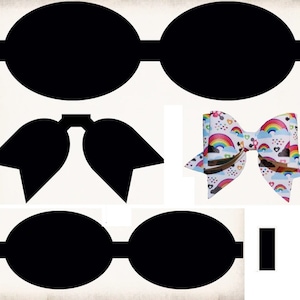 Pode incluir: A imagem mostra modelos de laços de cabelo e um laço de cabelo acabado. Os modelos são pretos e em várias formas, incluindo um laço grande e formas de laço menores. O laço acabado é branco com um padrão de arco-íris e nuvens.