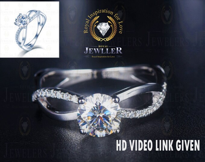 Round Cut Forever One 2Ct Moissanite Engagement Ring, 14K White Gold, Dual Criss Cross Shank, Simple Solitaire Ring,Anniversary Bridal Ring