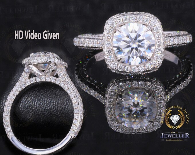 Antique Halo Ring, 2.45CT Round Colorless Moissanite Ring, Engagement Ring, Wedding Ring, 14K White Gold Ring, Victorian Ring, Bridal Set