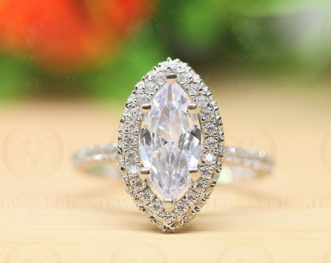 3.12TCW Marquise Colorless Moissanite Brilliant Halo Ring, Pave Moissanite Ring, Delicate Engagement Ring, Wedding Ring, Anniversary Ring