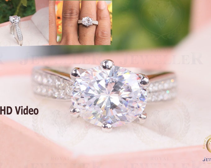 3.89CTW Brilliant Cut Colorless Oval Cut Moissanite Ring/ Paved Moissanite Solitaire Ring/ 6-Prong Moissanite Engagement Ring, Gift For Her