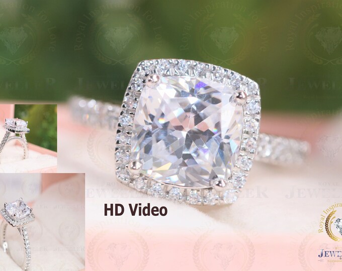 9.0mm Cushion Cut Moissanite Engagement Ring/ Cathedral Colorless Moissanite Ring/ Half Eternity Wedding Promise Ring/ Moissanite Halo Ring