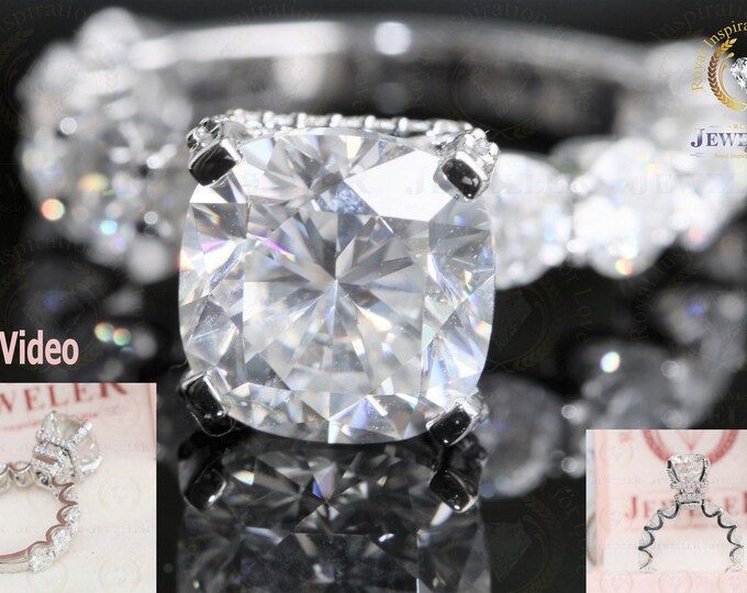 4.89CT Colorless Cushion Cut Moissanite Ring/ Brilliant Moissanite Hidden Halo Ring/ 5.34CT Moissanite Bridal Eternity Shank /Gift For Her
