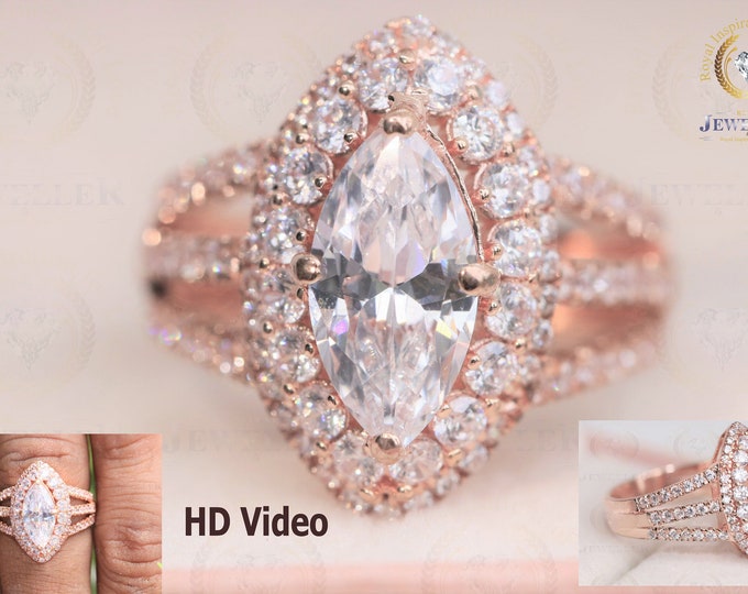 4.56TCW Marquise Colorless Moissanite Bridal Halo Ring with Curvy Stackable Band,Three-Tone Engagement Ring,Pave Set wedding Ring,Bridal Set