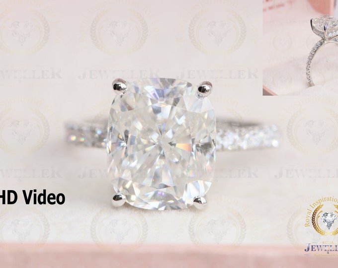 4.89CT Colorless Crushed Ice Cushion Moissanite Ring/ Moissanite Hidden Halo Ring/ Two Tone Moissanite Engagement Ring /Special Gift For Her
