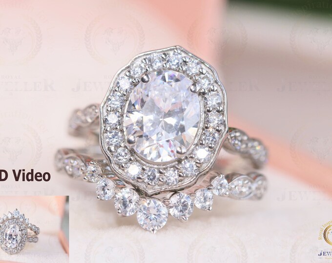 2.23Ctw Colorless Oval Moissanite Floral Bridal Engagement Ring Set / Moissanite Ring Set and 2.6Ct Colorless Moissanite Curved Band For Her
