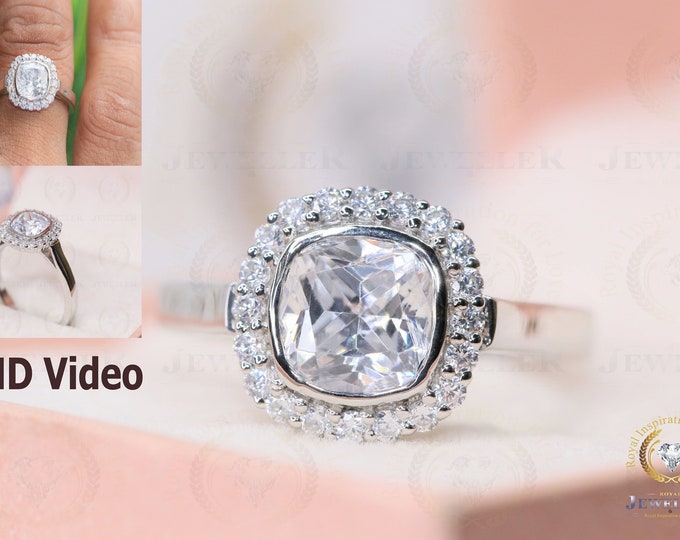 Cushion Colorless Moissanite Engagement Ring 8mm Moissanite Halo Platinum Wedding Ring,Halo Plain Band Stacking Engagement Ring,Forever Gift