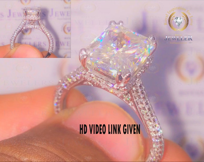 3.78ct Radiant Cut Hidden Halo Forever One Moissanite Engagement Ring, Moissanite Wedding Ring, Gold Ring, Cathedral Setting, Certified Ring
