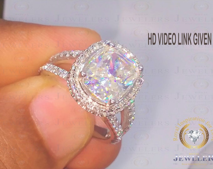Double Hidden Halo Engagement Ring, 10x8mm/3ct Elongated Cushion Forever One Moissanite Ring, Two Tone Band ,Wedding Ring, 14kt White Gold