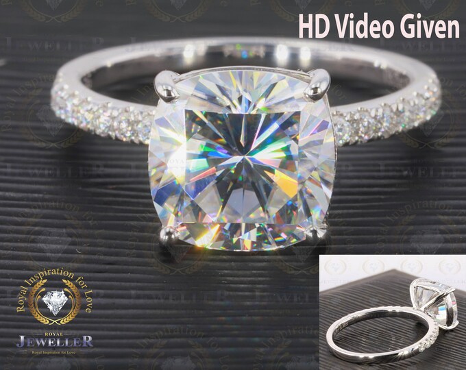 3.34Ct  Cushion Cut Moissanite Engagement Ring, Solitaire Moissanite Anniversary Ring, Moissanite Pave Accents Stones 14Kt Solid Gold ring