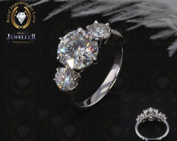 4CT Three Stone Authentic Moissanite Engagement Ring EF Color with 2.0ct Round Moissanite on Side, Wedding Ring, Promise Ring, Art Deco Ring