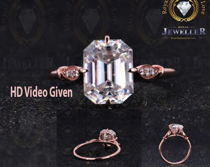 Elegant 4.67 TCW Emerald Step Cut Colorless All Moissanite Rose Gold Engagement Ring, Wedding Ring, Anniversary Ring, Bridal Set,Claw Prongs