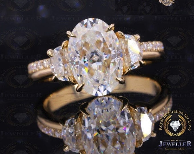 Most Perfect Anniversary Gift, 5.23 TCW Oval Cut Ice Crushed Colorless Moissanite Engagement Ring, Side Halfmoon Moissanite Wedding Ring