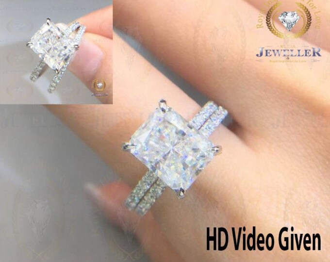 4.21TCW Radiant Cut Colorless Moissanite Bridal Set, Hidden Halo Engagement Ring, Round Moissanite Matching Wedding Band, Anniversary Gift