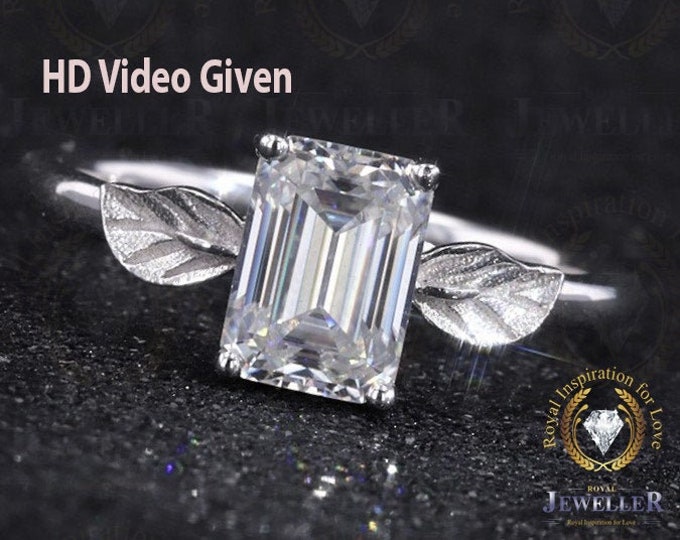 2.56 CT Emerald Colorless Moissanite Solitaire Leaf Style Ring, Single Claw Prong Ring, Engagement Ring, Wedding Ring, Anniversary Gift Ring