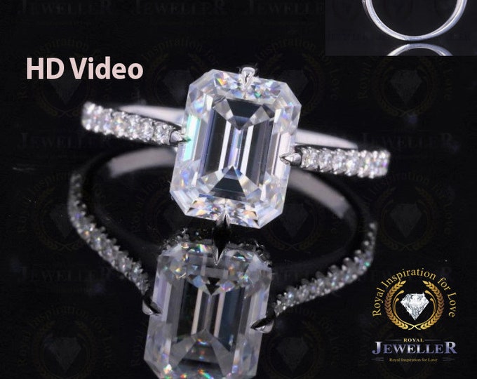 3.56TCW Emerald Near Colorless Moissanite Ring | Pave Setting, Hidden Halo Ring | Engagement Ring | Wedding Ring | 14KT White Gold Ring