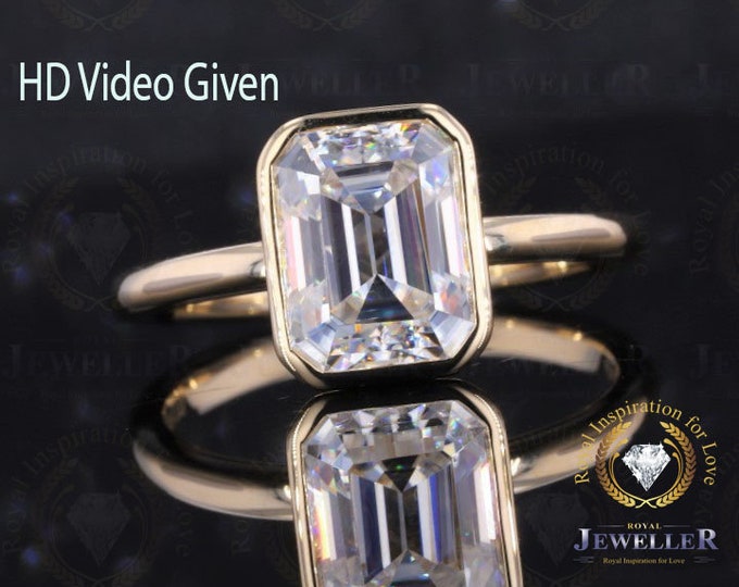 Antique Ring | 3.87 CT Cut Colorless Emerald Cut Moissanite Ring | Bezel Solitaire Engagement Ring in 10k/14k/18k Yellow Gold | Wedding Ring