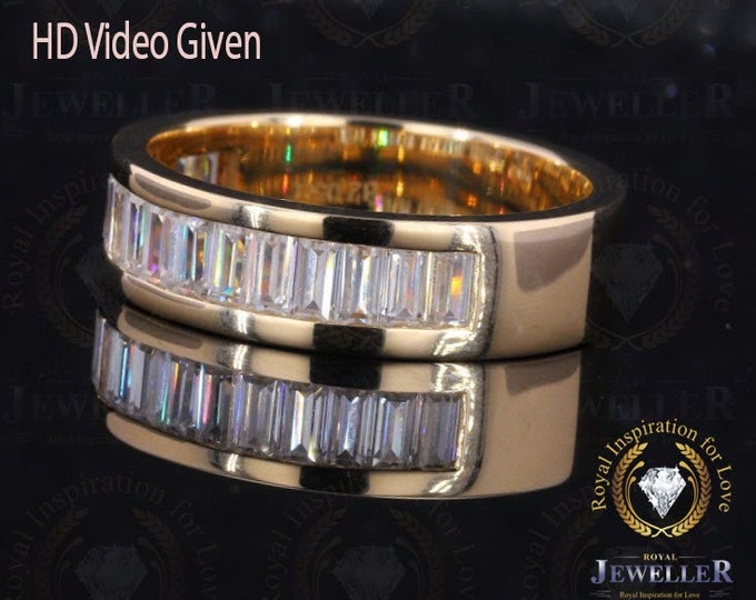 Unique Bezel Set 3.67 CTW Baguette Colorless Moissanite Half Eternity Band, Wedding Band, Solid Yellow Gold, Bridal Set, Anniversary Gift