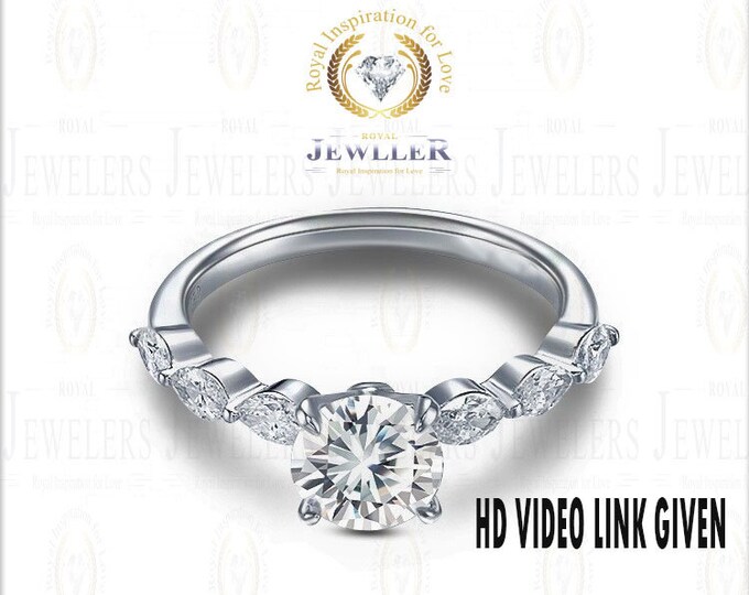 Round Cut Forever One Moissanite Ring ,Shank With Marquise Engagement Ring 14K/18K White Gold, Past Present Future Engagement Ring For Gift