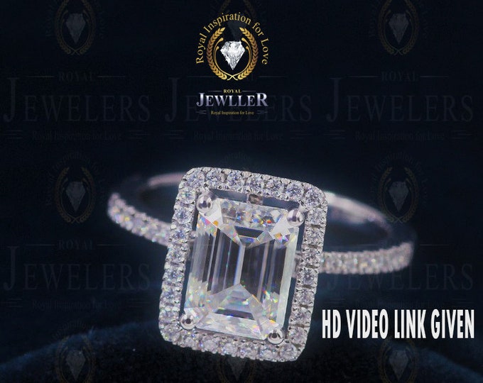 Forever One Emerald Cut Moissanite Halo Engagement Ring,8x10mm Unique Custom Wedding Ring,14Kt White Solid Gold Anniversary Ring For Gift