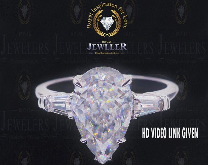 3.18CT Pear Moissanite Ring | Three Stone Ring | Side Baguette Ring | Engagement Ring | Wedding Ring | 14KT White Gold Ring | Ring For Gift