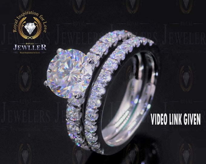 2.43Carat Forever One Moissanite Round Cut Solitaire Engagement Ring &  Full Eternity Wedding Band Wedding Ring Set in 14K Solid White Gold