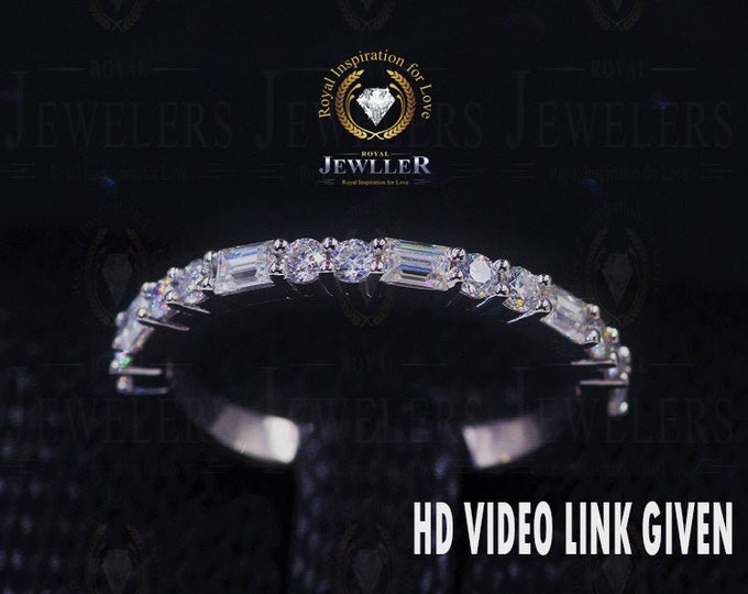 Double Round Straight Baguette Forever One Moissanite Eternity Band Half Eternity, Three-quarters and Full Eternity Solid 14k, 18k Gold Ring