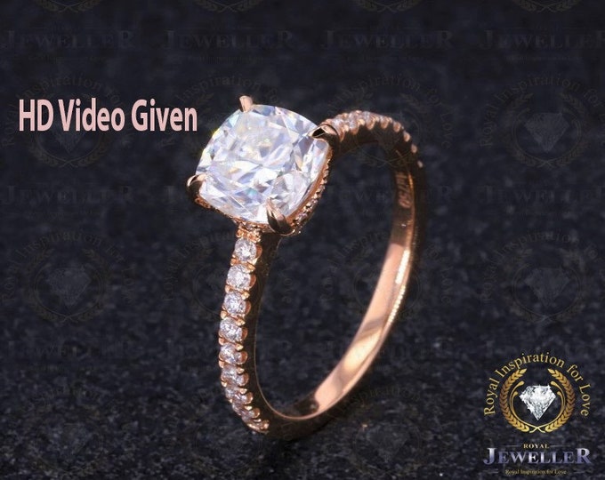 1.89Ct Cushion Cut Colorless Moissanite Engagement Ring,14K White Gold, Accented 0.49Ct Sparkle Moissanite Hidden Halo Promise Ring For Her