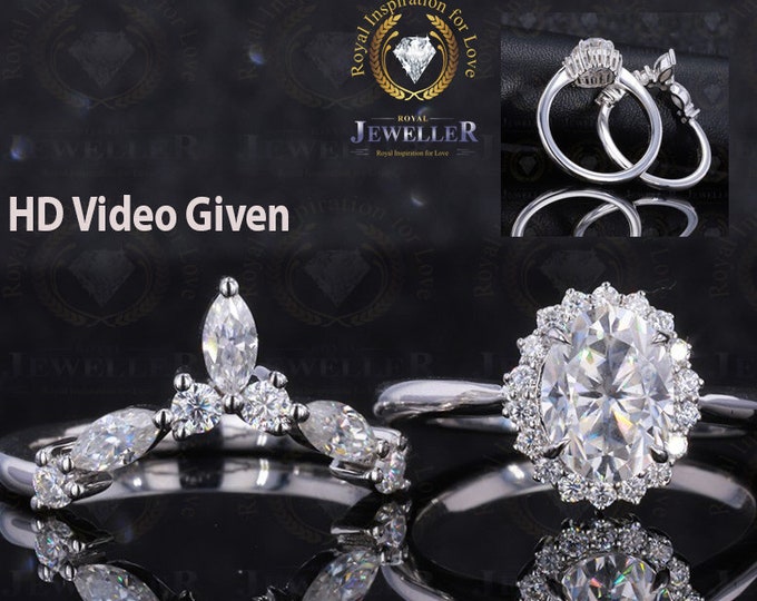 6.43CTW Oval Brilliant Colorless Moissanite Engagement Ring Set, Curved Pear Cut Wedding Band, White Gold Bridal Set, Anniversary Ring Set