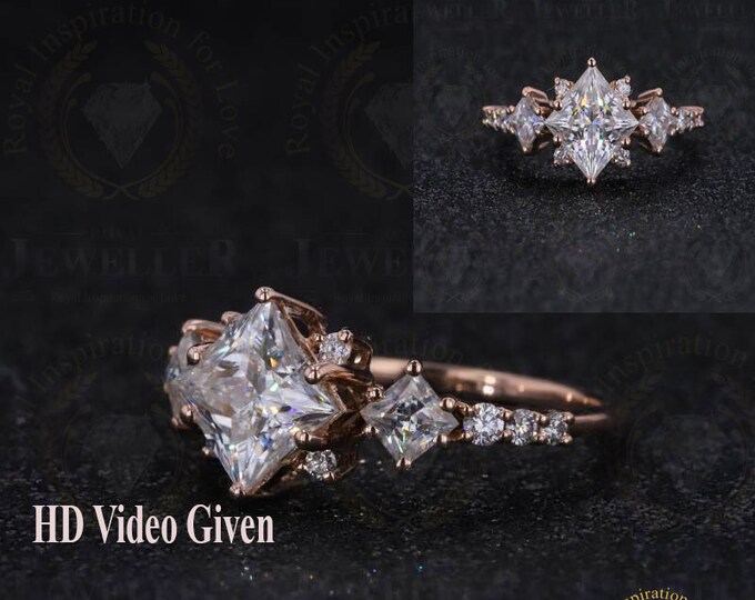 Princess Cut 3.12CTW Certified Colorless Moissanite Solitaire With Moissanite Accents Best For Engagement Ring Celebrity Style Art Deco Ring