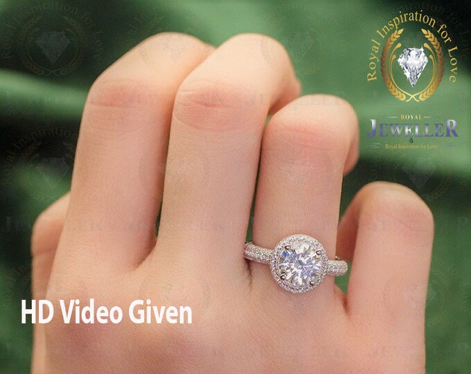 Pave set Moissanite Ring | 2.6Ct Colorless Round Brilliant Cut Moissanite Halo Engagement Ring With 18K White Gold | Wedding Moissanite Ring