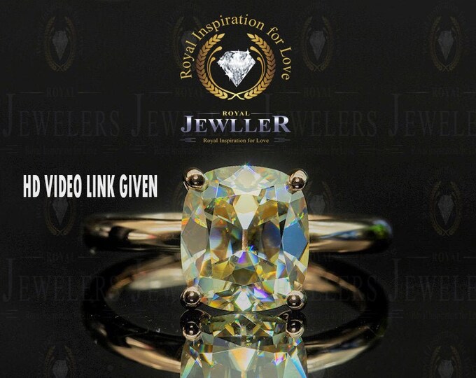 3.45Ct Elongated Yellow Old European Cut Moissanite Solitaire Ring Engagement Ring 14kt Yellow Gold ,Wedding Ring, Anniversary Ring For Gift