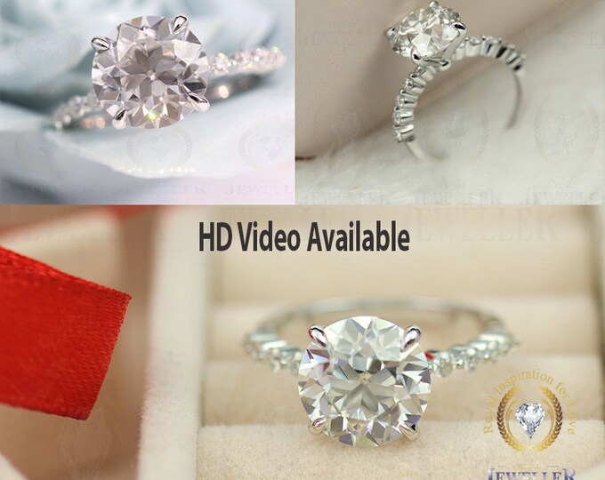 1.67Ct Old European Cut Colorless Moissanite Half Shared Prong On Shank Engagement Gold Ring, 0.78Ct Moissanite On Side Ring, Ring For Gift