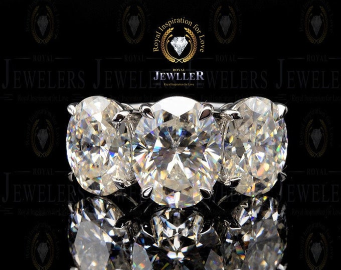 Three Stone Oval Cut Forever Brilliant Color Moissanite Engagement Ring, Moissanite Wedding Ring, Art Deco Ring, White Gold Solitaire Ring