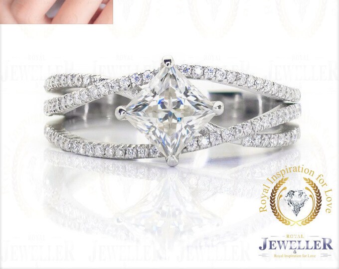 Art Deco Moissanite Ring, Engagement Ring, Women Wedding Band Platinum 950, Forever One Moissanite Ring Solitaire Criss Cross Ring For Gift