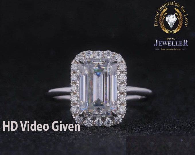 8x12mm Emerald Cut Forever One Colorless Moissanite Ring, Halo Wedding Ring 14Kt Gold, Art Deco Engagement Ring, Moissanite Pave Accent Ring