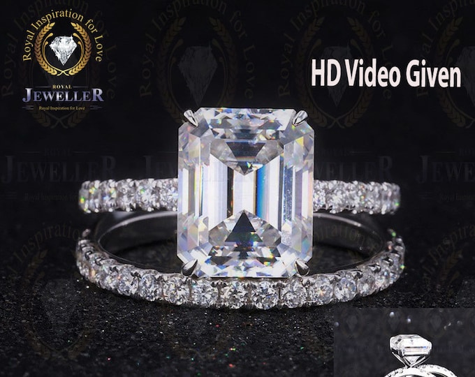 3.2Ct Emerald Cut Engagement Ring Wedding Band Bridal Ring Set, Emerald Cut Solitaire Engagement Ring, Wedding Ring Eternity Moissanite Band