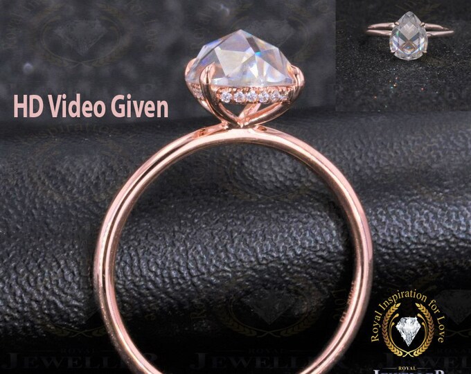 3.45CT Pear Single Rose Cut Colorless Moissanite Engagement Ring, Bezel Set Solitaire Ring, Art Deco Style Wedding Ring, Anniversary Ring