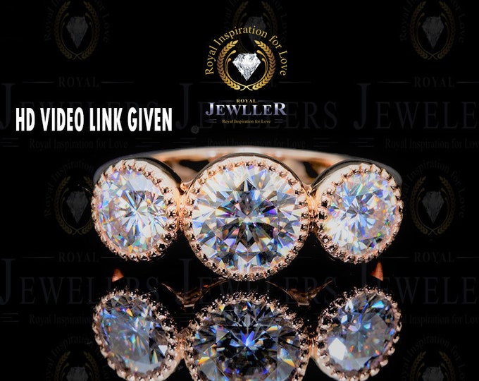 3.87CTW Round Forever One Moisssanite Bezel Setting Moissanite Ring Vintage Style Three Stone Ring ,Engagement Ring Rose Gold Ring For Women