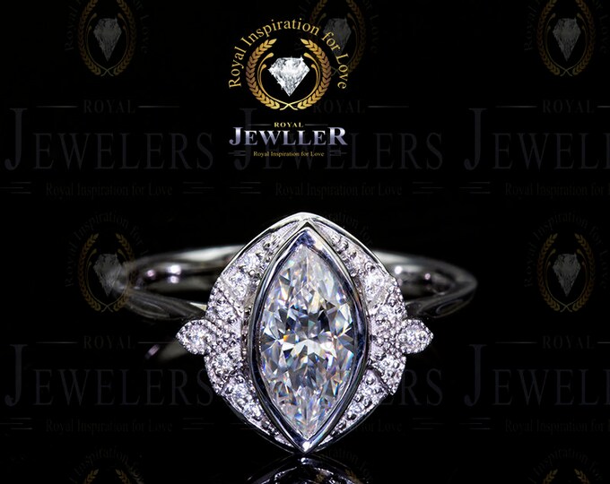 1.50 Carat Forever One Marquise Cut Engagement Ring, Marquise Diamond Ring, Marquise Halo Band, Vintage Style Ring, Wedding Ring For Gift