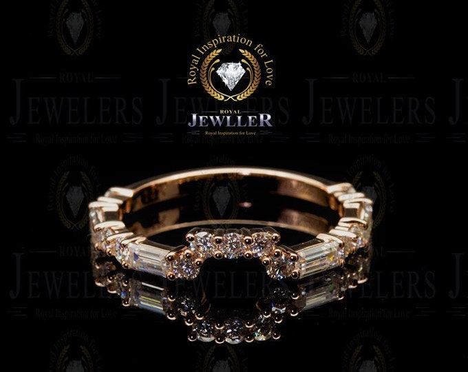 Curved Baguette Moissanite Forever One wedding band women chevron Unique Rose Gold Wedding Band Moissanite Matching Stacking Promise Ring